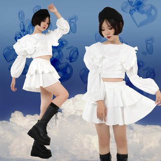 Set áo croptop tay phồng váy tầng trắng lolita bunnyhill ssan09