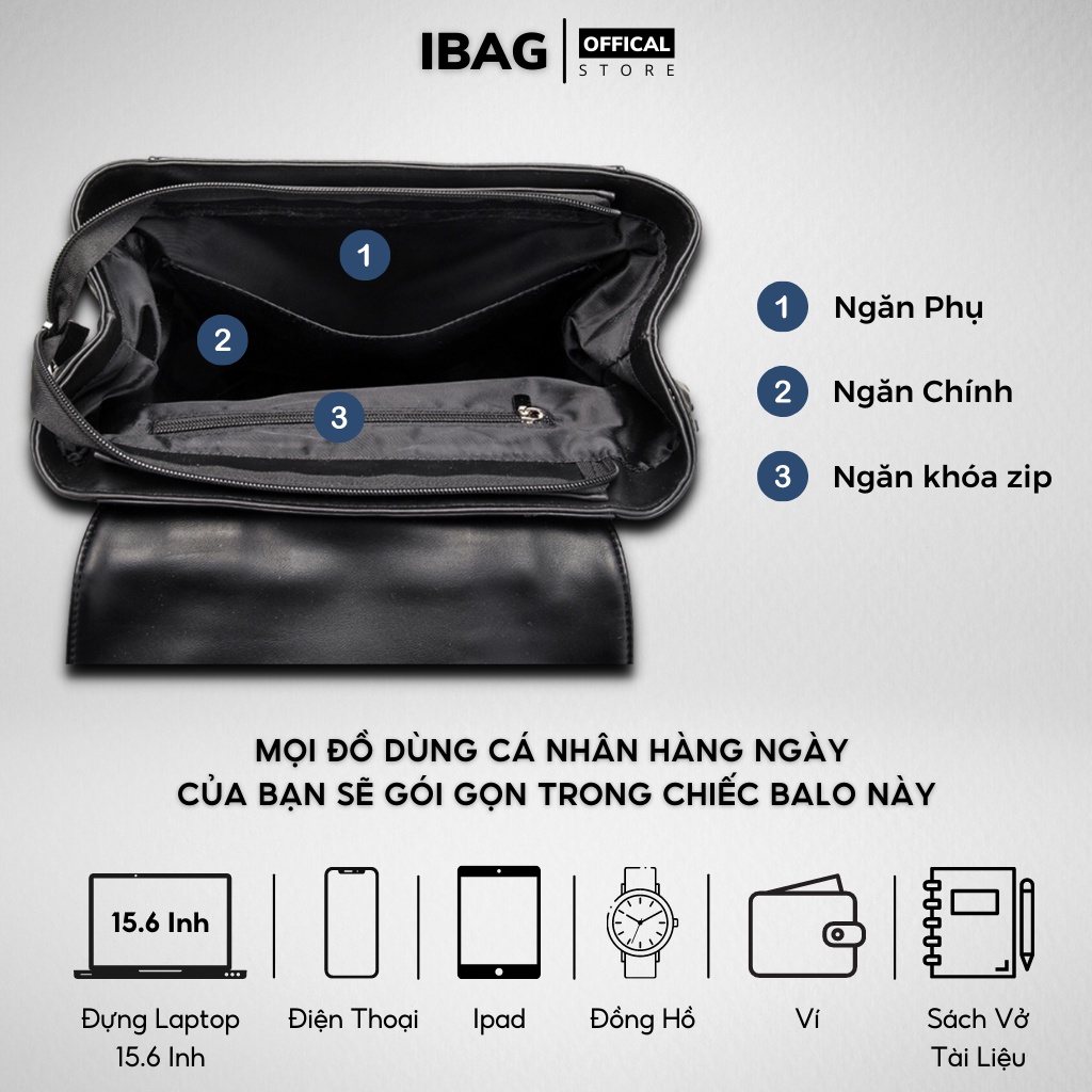 Balo da Đi Học IBAG Balô Da Thời Trang Nam Nữ Ba lo Lv Da Pu Cao Cấp Balo da đen Cặp Đi Học Ulzzang Đựng Laptop 15.6 Inh