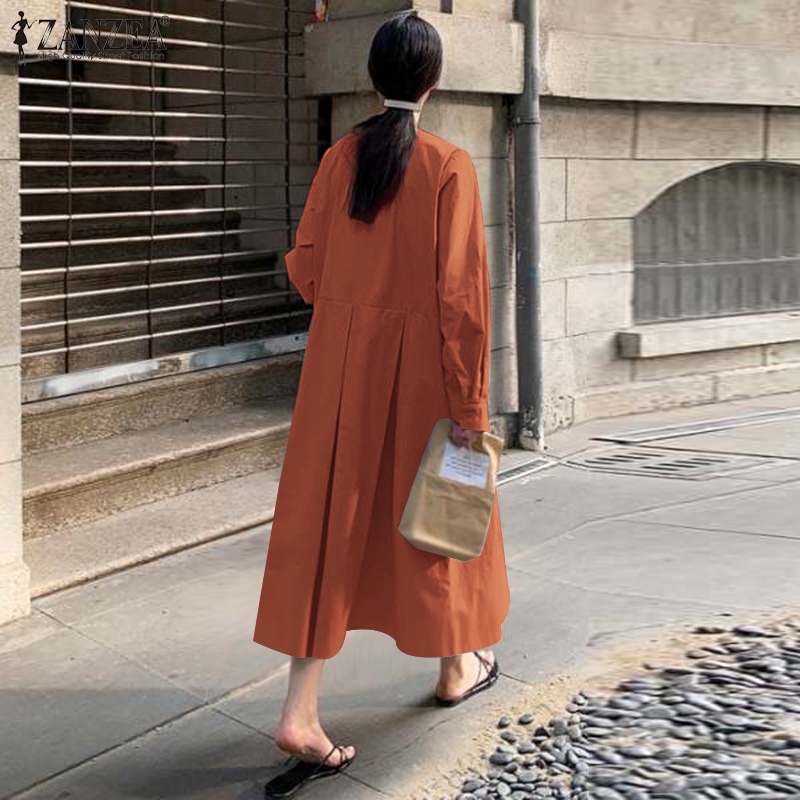 Đầm maxi Zanzea tay dài cài nút màu trơn thời trang cho nữ