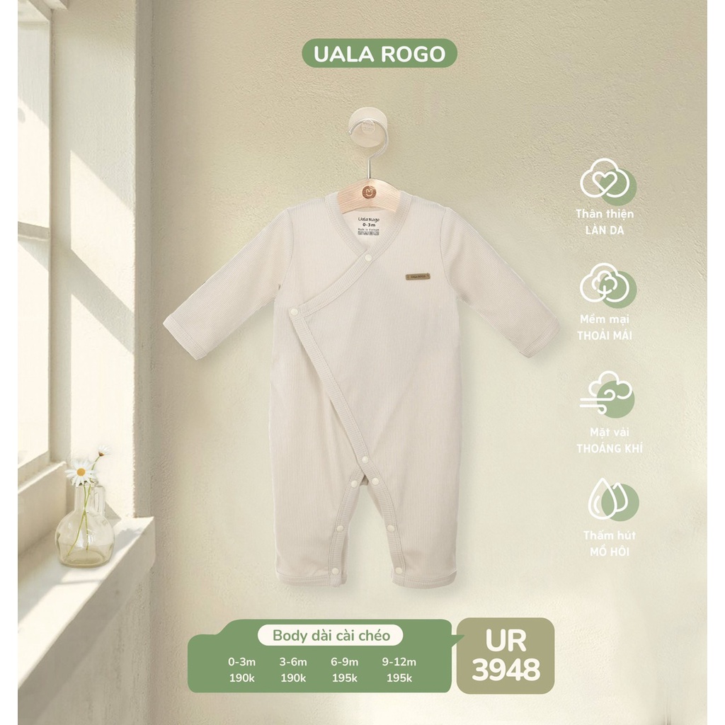 Body Uala Rogo dài tay cài chéo thun tăm cao cấp mềm mịn thoáng mát thấm hút tốt sơ sinh cho bé trai bé gái 3948