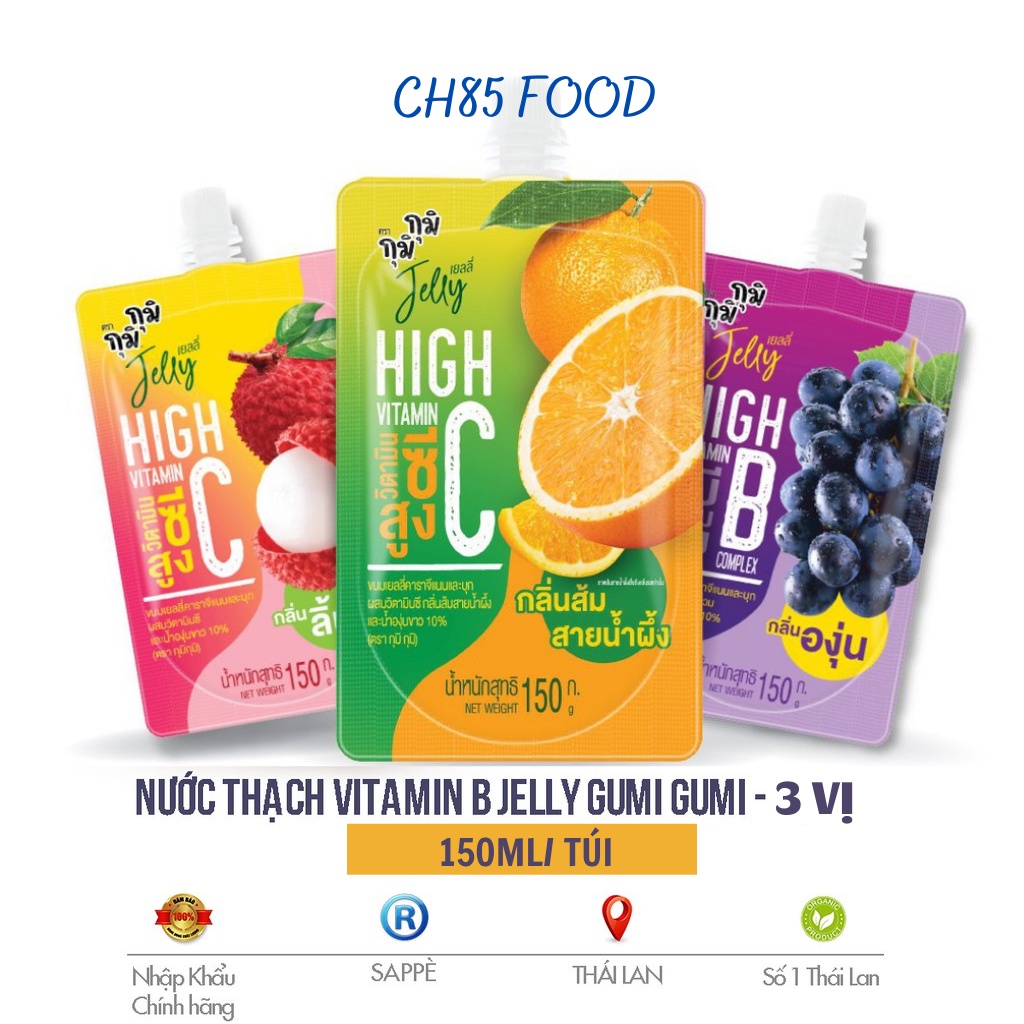 Nước thạch trái cây bổ sung vitamin Jelly Thái Lan vị cam/ nho/ vải/ sữa chua, thể tích 150ml