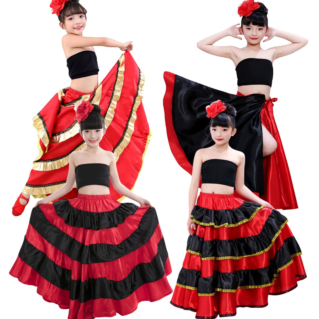 Đầm Múa Bụng Màu Đỏ Phong Cách Tây Ban Nha Cho Bé Gái