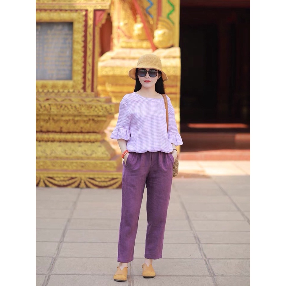 Bộ Đồ Nữ Áo Cổ Tròn Tay Bèo, Quần Ống Suông Chất Liệu Vải Linen Màu Hồng Tím Huế