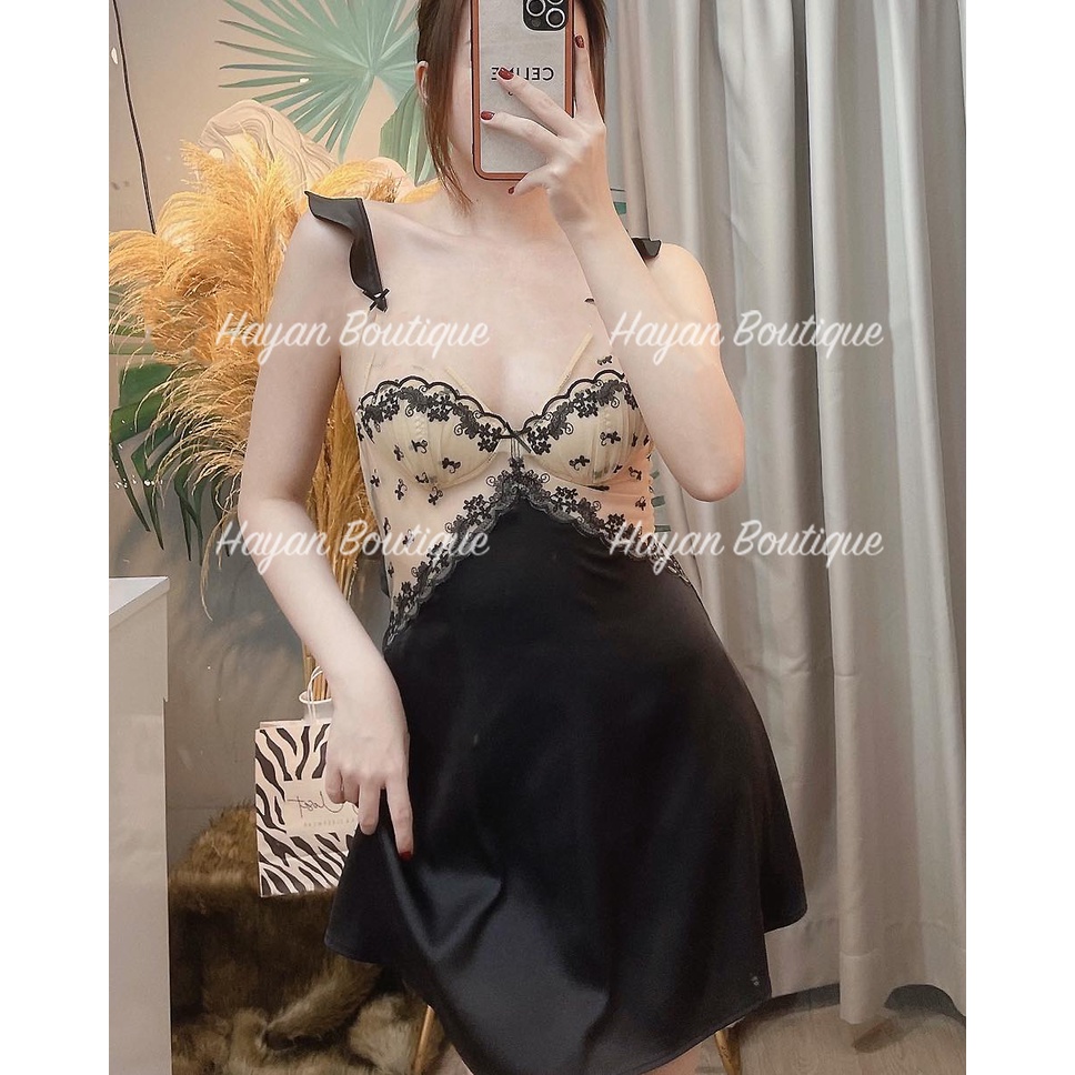 HT140 Váy ngủ sexy ngực vỏ sò gợi cảm kèm ĐỆM LÓT, váy ngủ lụa phối ren mềm mại HT140