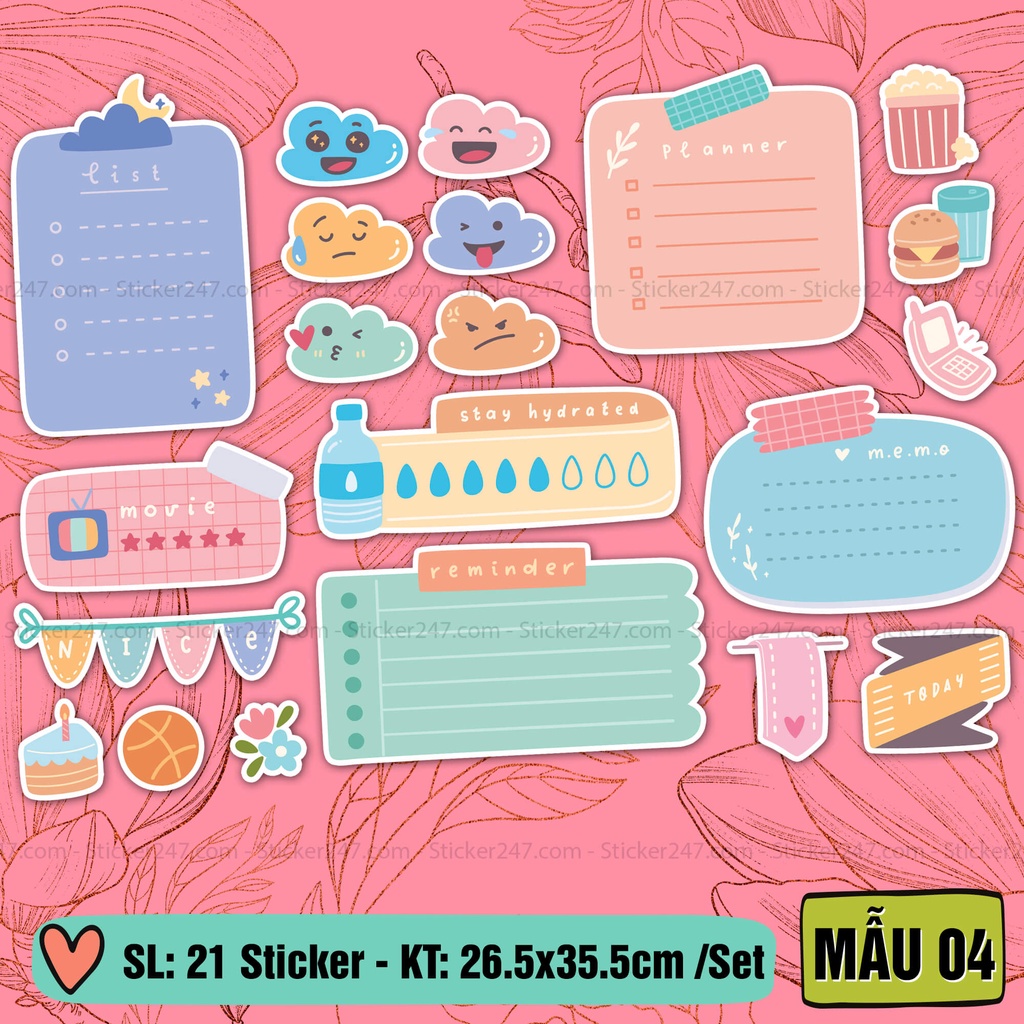 Sticker ghi chú họa tiết dễ thương 𝑭𝒓𝒆𝒆𝒔𝒉𝒊𝒑 Decal dùng trang trí sổ tay, tập vở, nhật ký Bullet Journal
