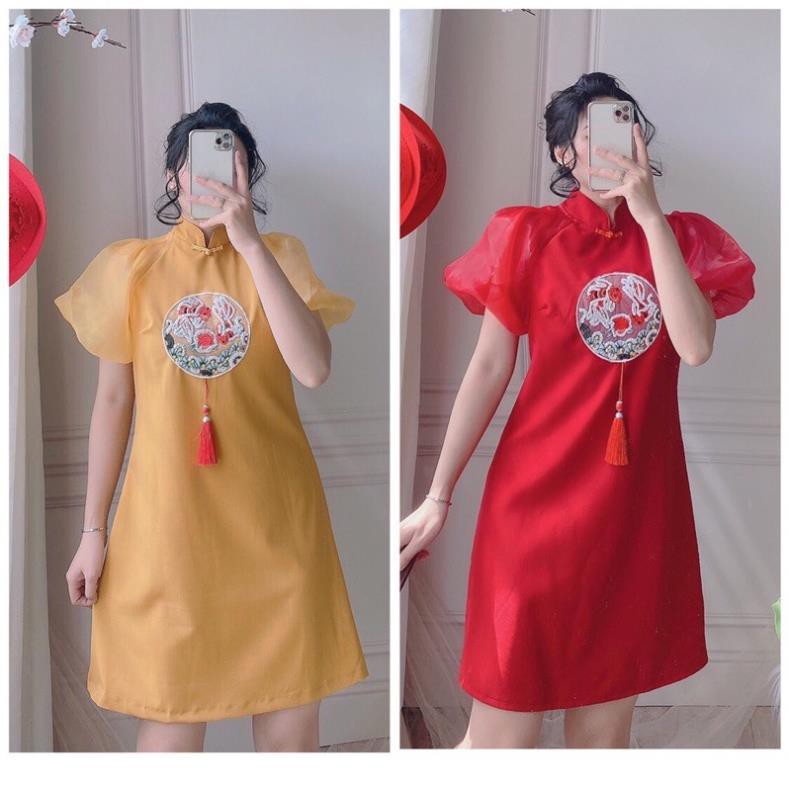 Đầm Suông Cổ Tàu, Đầm Áo Dài Cách Tân Họa Tiết Thêu Hoa Văn Cá Chép Tay Voan Thời Trang Tết. | BigBuy360 - bigbuy360.vn