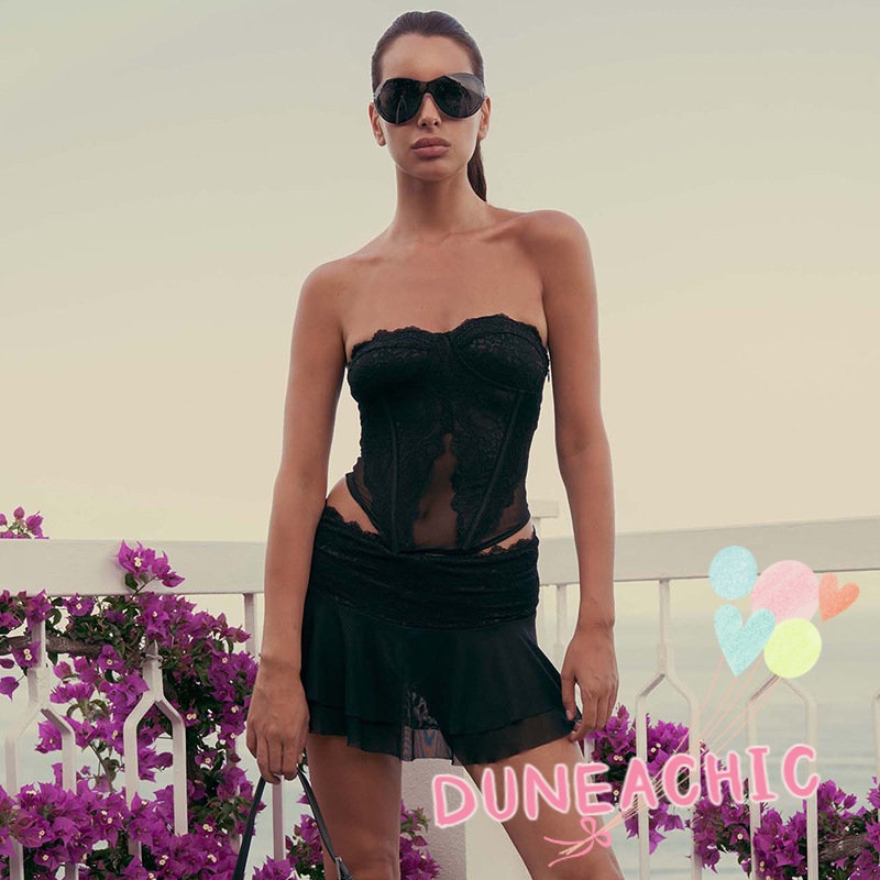 DUNEA Bộ đồ gồm áo quấn ngực + chân váy phối ren quyến rũ cho nữ