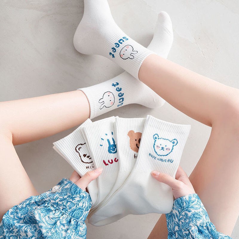 Tất nữ cổ cao vải cotton co giãn thời trang Hàn Quốc, Vớ cổ cao nữ trắng họa tiết hình thú xinh xắn