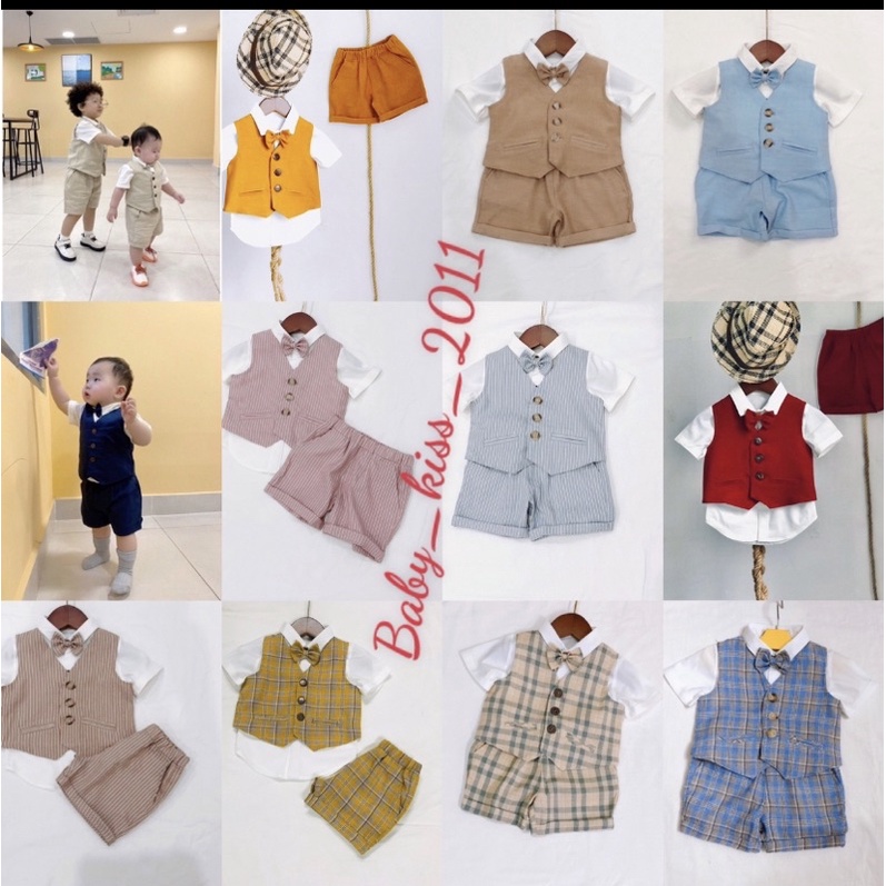 Bộ Vest Gile Cho Bé Trai Màu , Sọc Carô Set Công Tử Yếm Cho Bé từ 5-14kg