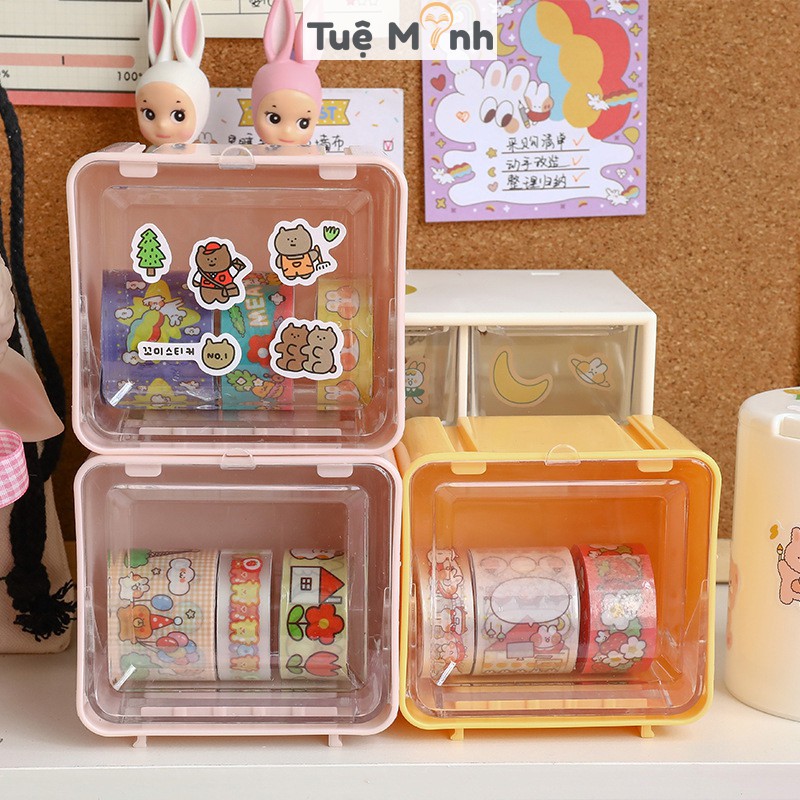 Hộp nhựa trong suốt đựng washi tape, sticker, trang sức phụ kiện decor bàn học C05