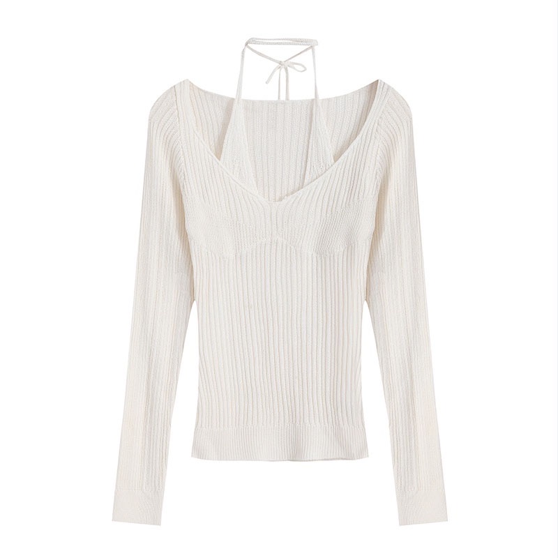 Áo dệt kim tay dài cổ chữ V màu trơn thời trang cho nữ