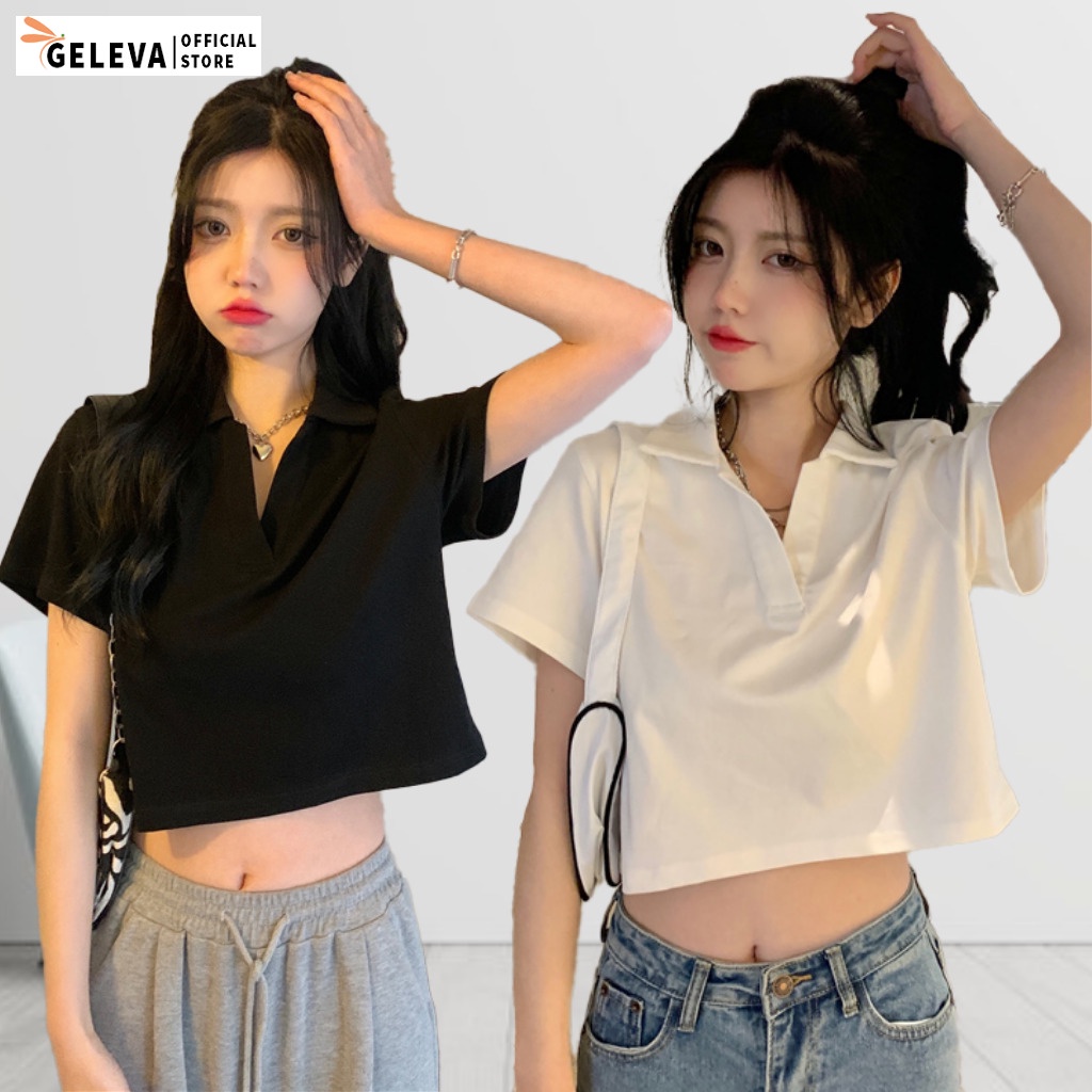 Áo croptop nữ Polo thun cotton có cổ tay ngắn đẹp, Áo phông sơ mi crop top crt nữ Ulzzang cổ bẻ Geleva GE761