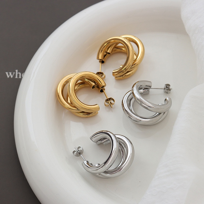 Bông Tai Ba Lớp Hình Chữ C Bằng Thép Titan Mạ Vàng Phong Cách Âu Mỹ Độc Đáo Thời Trang Mùa Hè