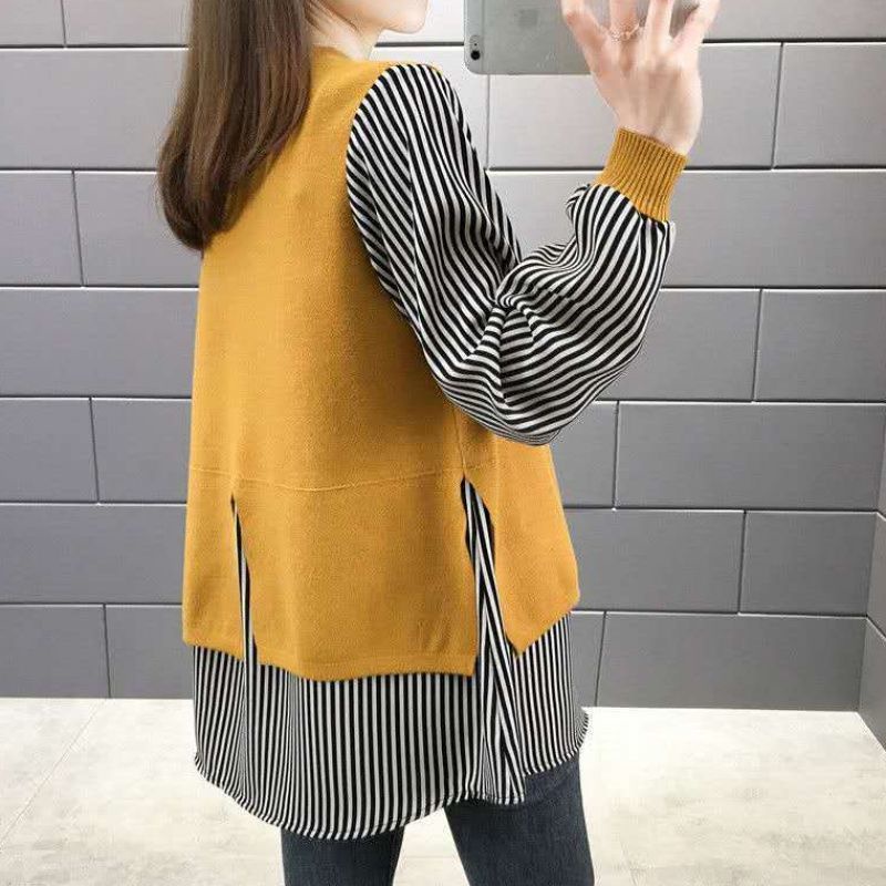 Áo sweater dệt kim mỏng dáng rộng giả hai lớp thời trang thu đông hàng mới dành cho bạn nữ 2021
