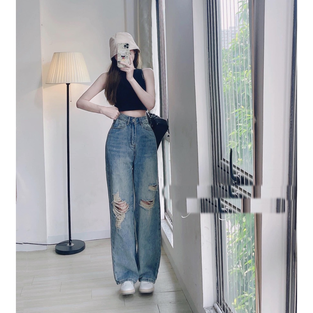 QUẦN JEANS ỐNG RỘNG NỮ LƯNG CAO RÁCH 2 MẢNG ĐÙI PHẢI PHỐI MẢNG TO GỐI TRÁI XANH NHẠT ĐẬM LAI CUỐN
