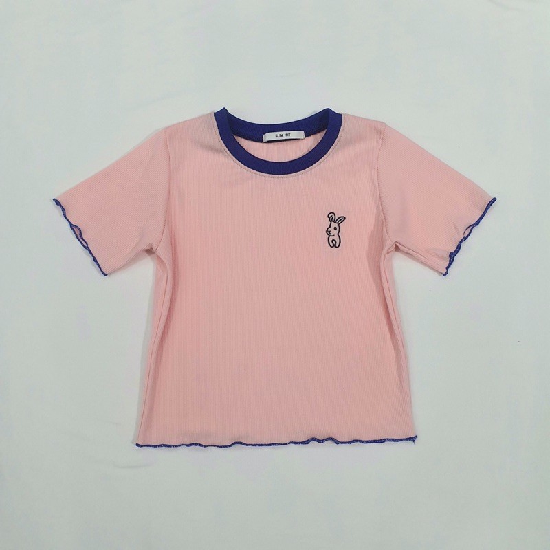 Áo thun croptop phối bo cổ thêu ngực CH