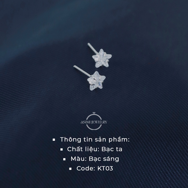 Đôi bông tai bạc nữ đính đá mặt ngôi sao Asimi, Bông tai bạc nữ nguyên chất 2 màu trắng đen Star Earrings KT03