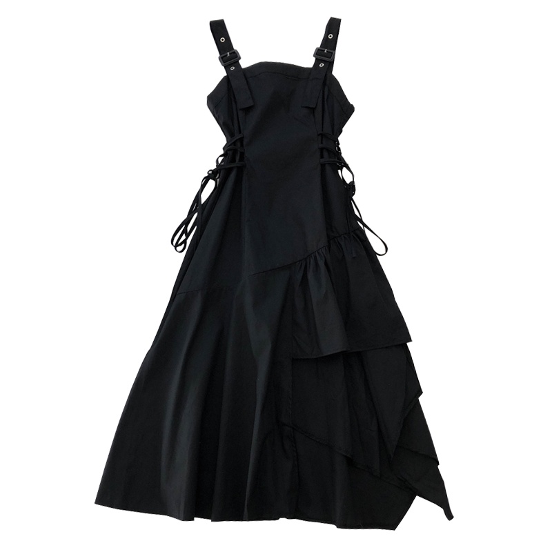 Happy-store ❤️ Váy nữ 02 dây đen ô zuê lệch tà dáng xòe đũi mềm sexy cá tính đi chơi đi dạo phố đi tiệc Thời Trang Phong