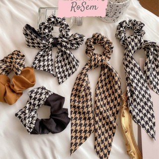 Dây buộc tóc lụa họa tiết Houndstooth phong cách Hàn Quốc