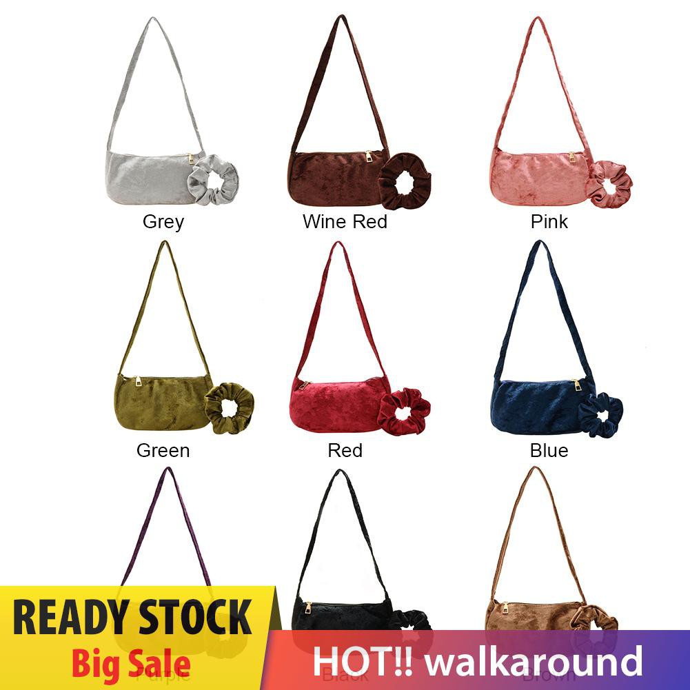 Walk Vintage Solid Color Velvet Underarm Bag Women Shoulder Purse with Hairband