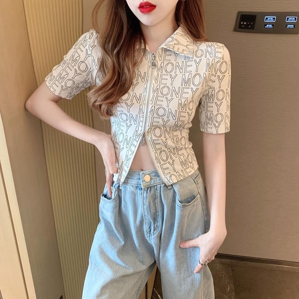 Áo POLO Dệt Kim Tay Ngắn Phối Khóa Kéo Lưng Cao Cá Tính