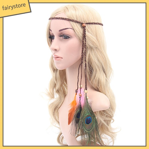 Băng đô cài tóc bện dây phối lông vũ và hạt phong cách boho cho nữ