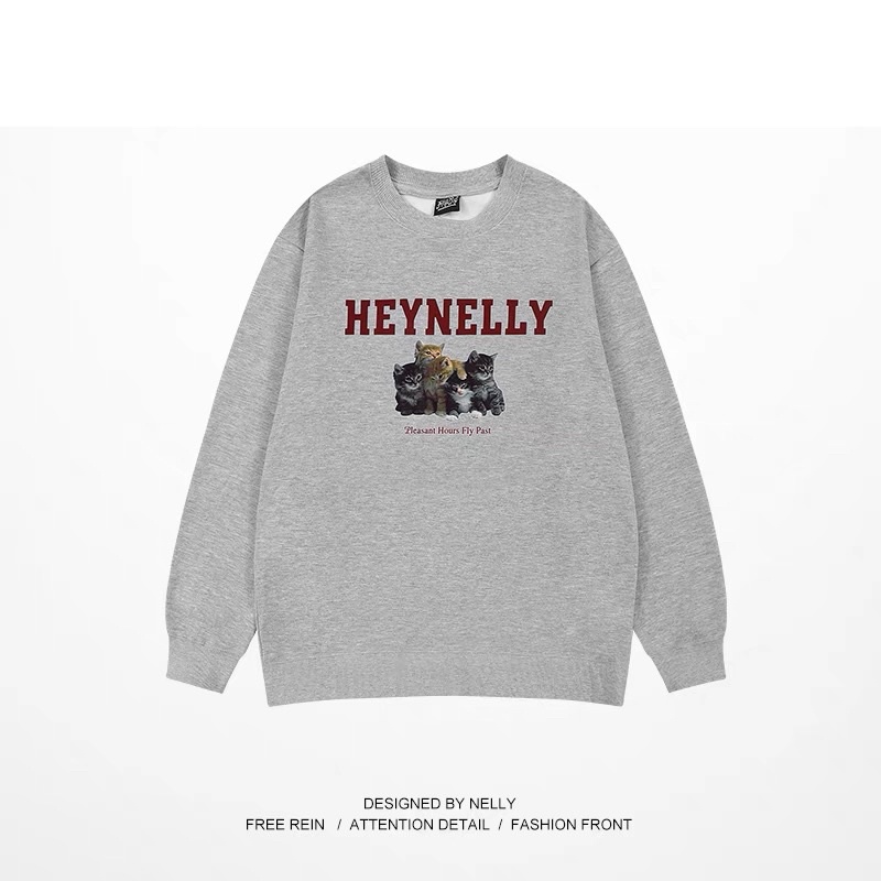 Áo nỉ lót lông Nelly sweater unisex form rộng HEY BIG, áo hoodie không mũ - 5 chú mèo thiết kế 2022 (có sẵn)