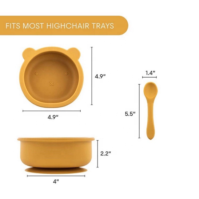 BÁT ĂN DẶM SILICONE HÌNH GẤU VÀ SƯ TỬ đáng yêu, hít dính chống lật tặng kèm thìa cùng màu