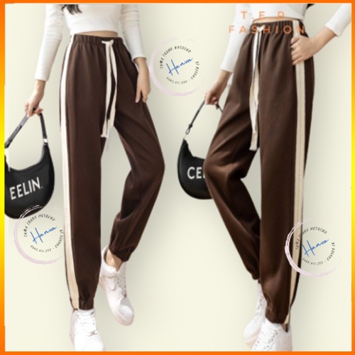 Quần Jogger Thể Thao Nữ Viền Sọc Lưng Cao Chất COTTON Dày Dặn Siêu Ấm 2 Màu Đen, Nâu