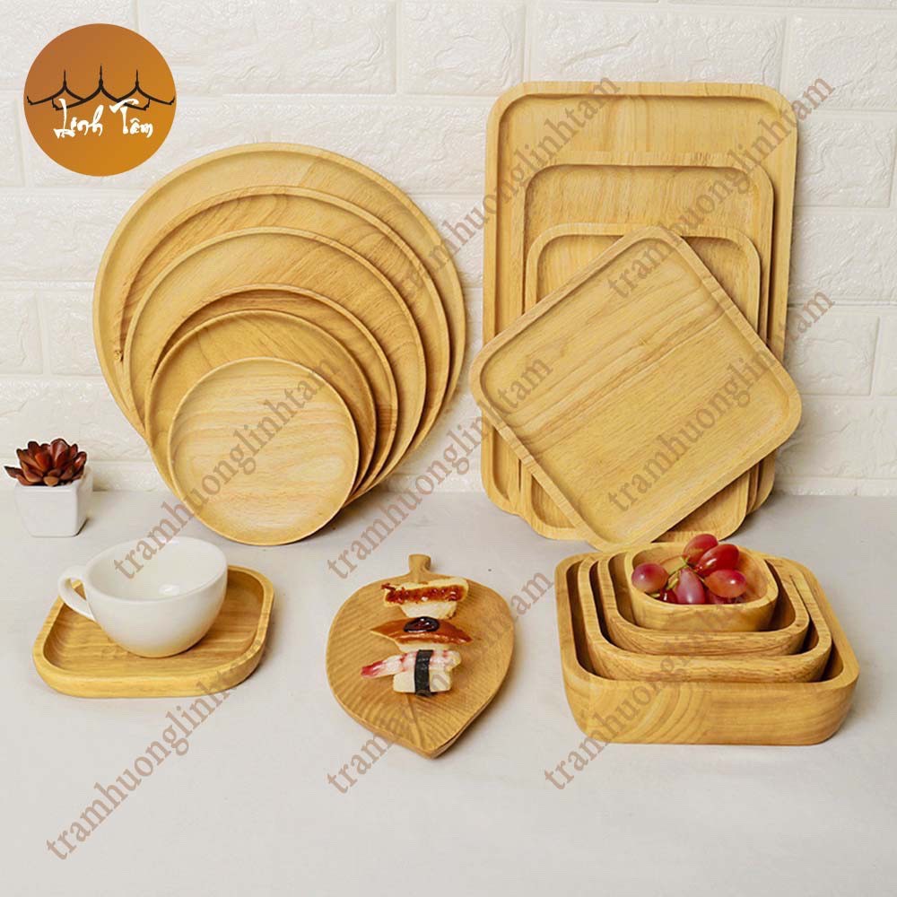 Đĩa gỗ tự nhiên nguyên khối hình tròn màu sáng đựng đồ ăn decor phòng ăn