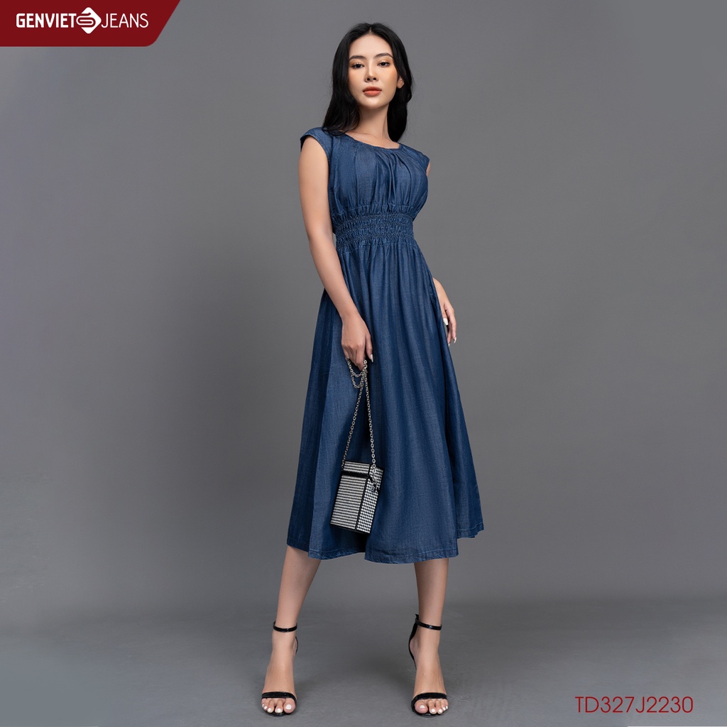 Đầm Váy Jeans Nữ Nhún Eo Chun Cách Điệu Dáng Xòe GENVIET Chất Bò Mềm Cao Cấp Thiết Kế TD327J2230