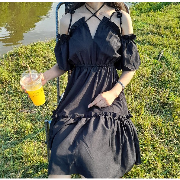 Váy đen đan dây buộc cổ, đầm Ulzzang nữ có size cho người bigsize, chất mềm mịn không nhăn Daisy Boutique SP000122