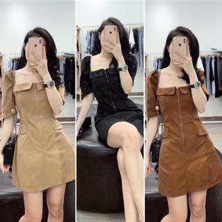 D463 Đầm Kaki Cổ Vuông Phối Túi Nắp , Váy Công Sở Ngắn Tay May Khoá Kéo Trước Ngực