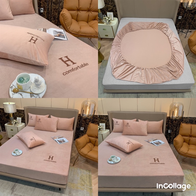 XẢ TOÀN BỘ SÉT 3 món ga gối nỉ nhung mịn thêu chữ h gồm 1 ga và 2 vỏ gối(bo chun hoặc phủ theo size đệm)