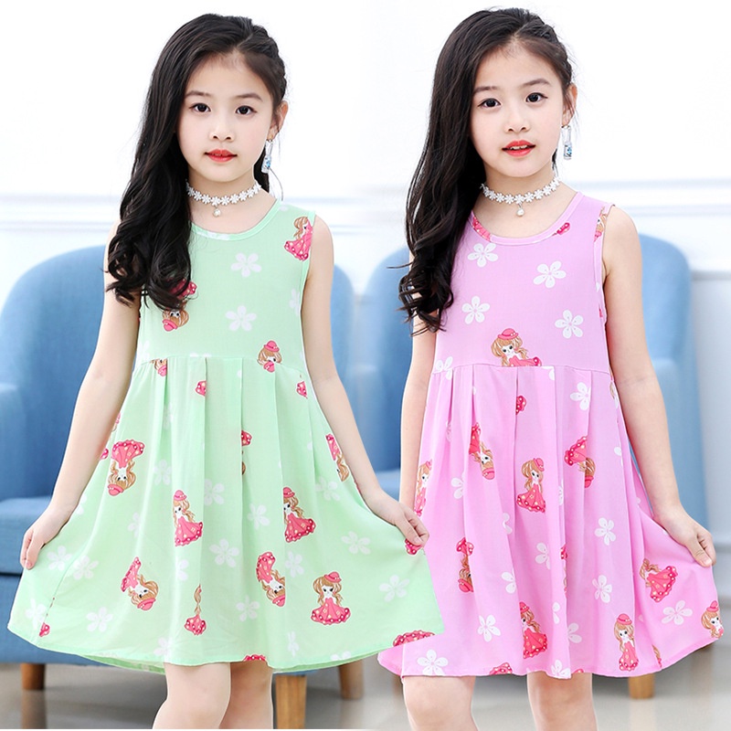 Đầm Công Chúa Hai Dây Bằng Vải Cotton Giả Lụa In Họa Tiết Dễ Thương Thời Trang Mùa Hè Mới Cho Bé Gái