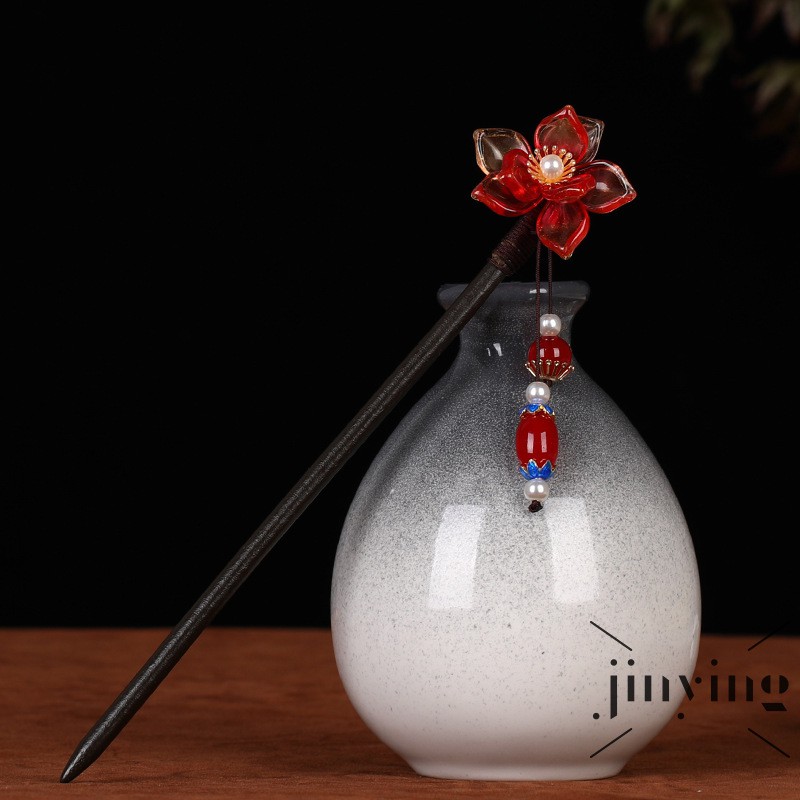 GETNOIVAS Trâm cài tóc hình hoa đính pha lê màu đỏ phong cách dân tộc cho nữ