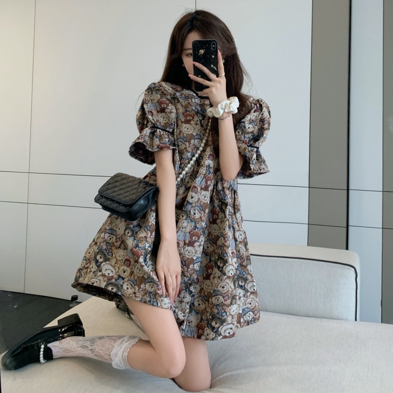 Đầm Tay Phồng Họa Tiết Gấu Phong Cách Retro Thời Trang Mùa Hè Mới 2022