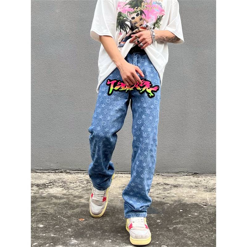 American High Street Flocking Embroidered Gradient Jeans Men's Ins Fashion Brand Street Hip-Hop Loose Straight Full Printed Pants Vr8N