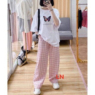 Set đồ áo phông cotton họa tiết bướm và quần ống rộng caro