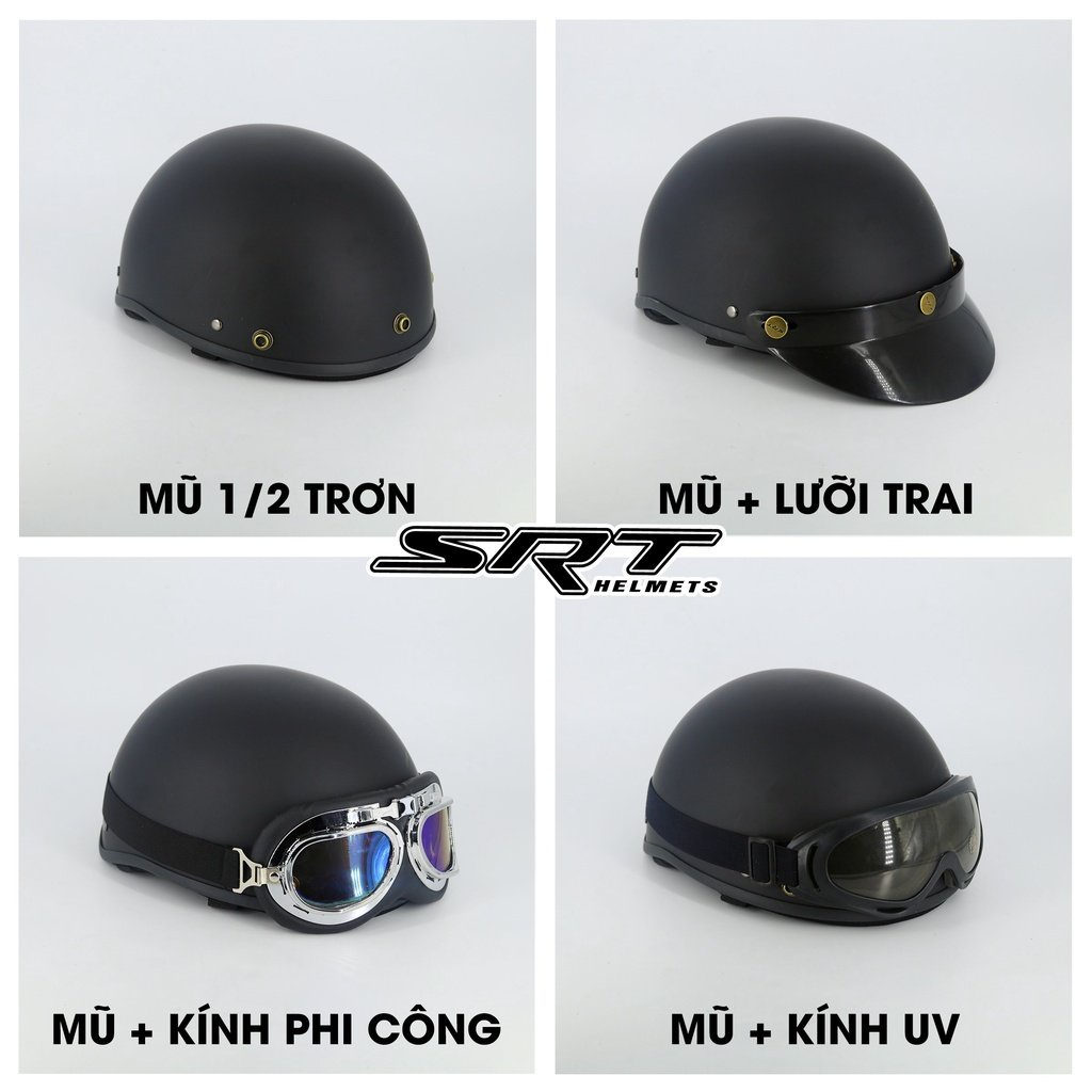Mũ bảo hiểm nửa đầu SRT ASA05, nón trơn màu cao cấp Freesize vòng đầu từ 54-60cm, kèm kính phi công, UV