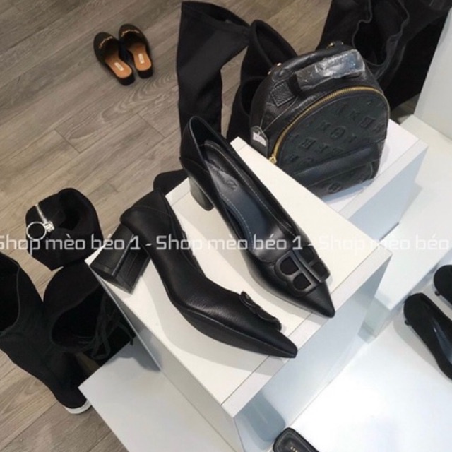 Giày cao gót BB da trơn phối tag chữ gót trụ fullbox hàng quảng châu cao cấp