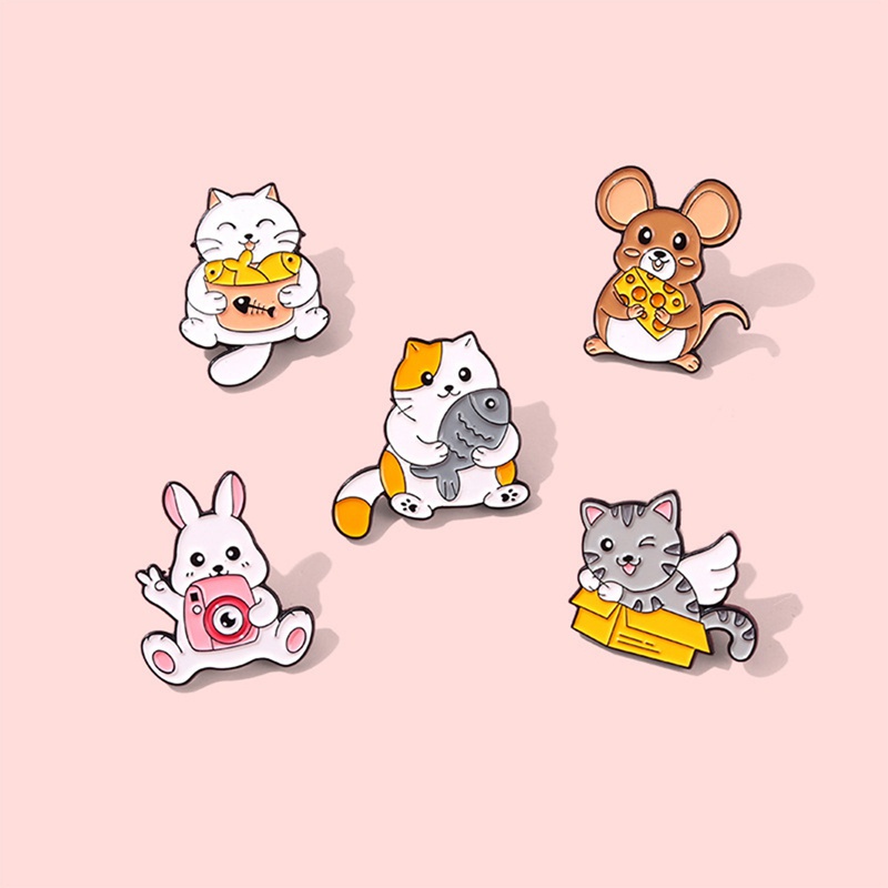 Tmdbyx Huy hiệu cài áo kim loại tráng men họa tiết mèo và cá/thỏ/chuột phô mai làm quà tặng cho cặp đôi