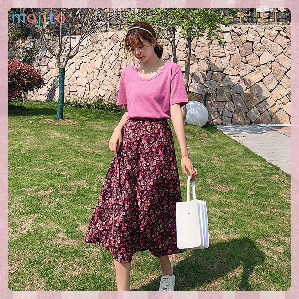 MOJITO Fashion Women Flower Printing Skirt Casual High Waist Loose Midi Skirts