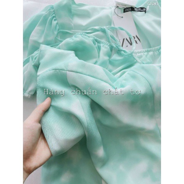 Váy xanh loang nơ ngực, chết mềm mát, phong cách hàn quốc