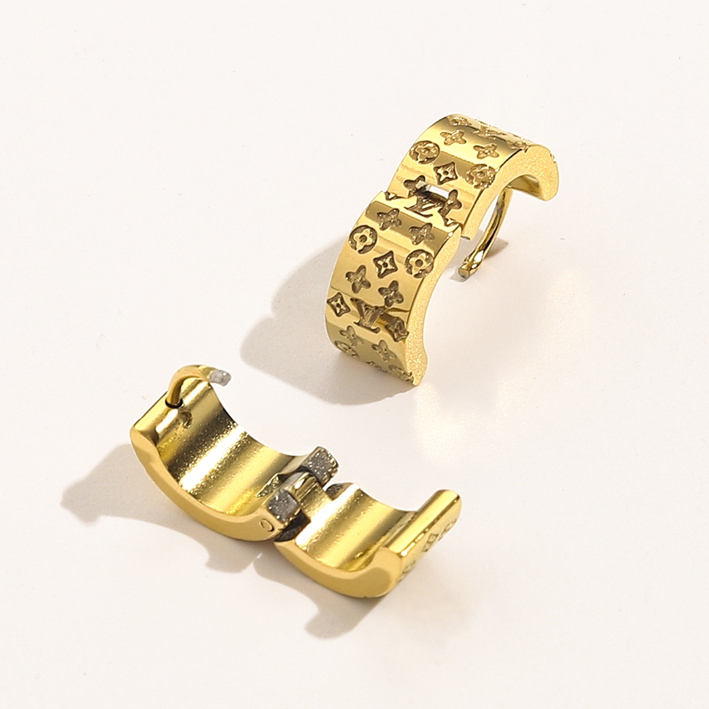 LOUIS VUITTON Khuyên Tai Tròn Bằng Thép Titan In Logo LV Thời Trang