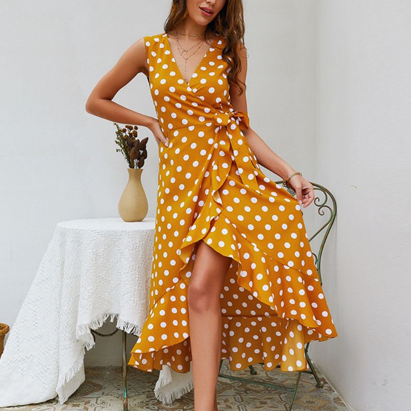 Xiangbao Đầm Cổ Chữ V Xẻ Tà Viền Bèo Nhún Họa Tiết Chấm Bi Vintage Cho Nữ