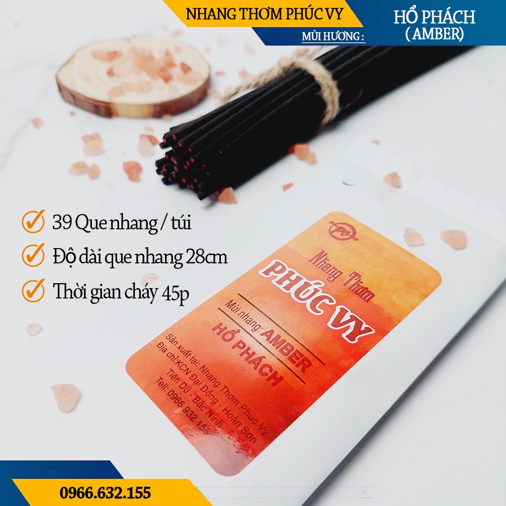 Nhang Thơm Phúc Vy Hương Hổ Phách Amber - Túi 39 Cây 28cm, Ít Khói, Thơm Nhẹ, Dễ Chịu, Không kích mũi