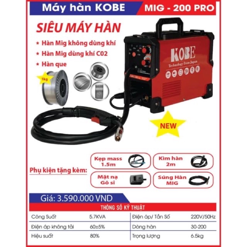 MÁY HÀN MIG MINi KHÔNG DÙNG KHÍ XÀI CUỘN DÂY 1KG MIG-200 PRO TẶNG KÈM CUỘN DÂY 1KG