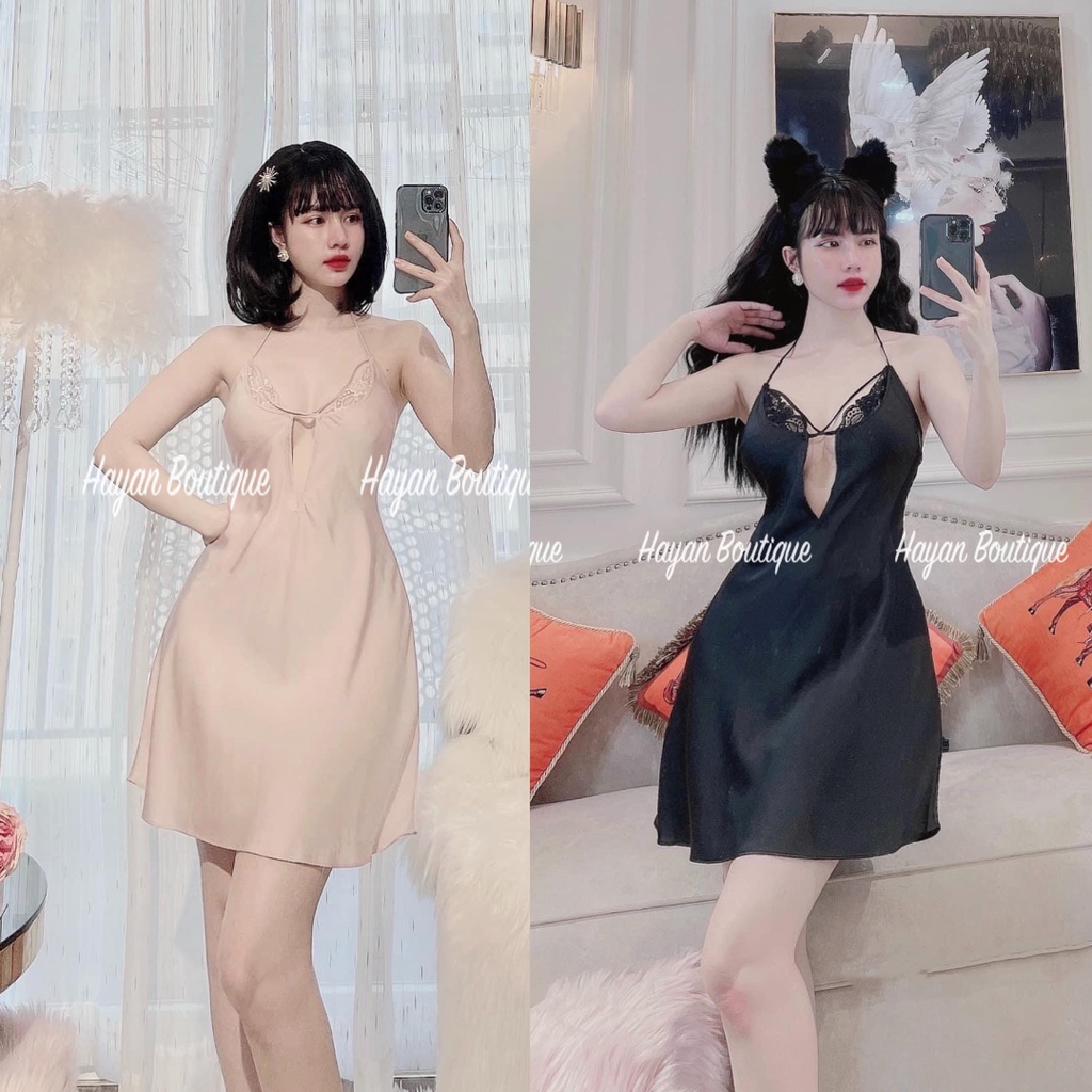 HT167 Váy ngủ sexy xẻ ngực buộc dây tặng CHÍP, đồ ngủ lụa dáng xoè nhẹ đơn giản HT167
