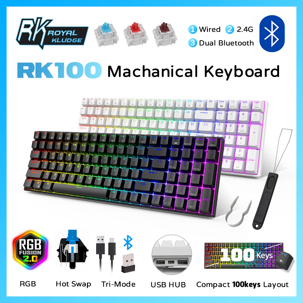 RK100 Bàn phím cơ không dây / có dây 2.4Ghz, 96% 100 phím Bàn phím RGB được thiết kế tiện dụng, Máy tính bàn phím chơi game Switch Hot Swap Đỏ / Nâu / Xanh lam Mechanical Gaming Keyboard